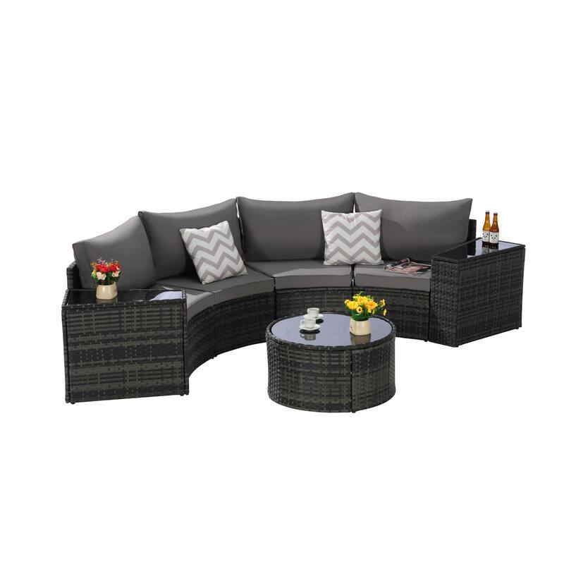 7-Piece Outdoor Patio Half-Moon Sectional Sofa Set with Tempered Glass Coffee Table