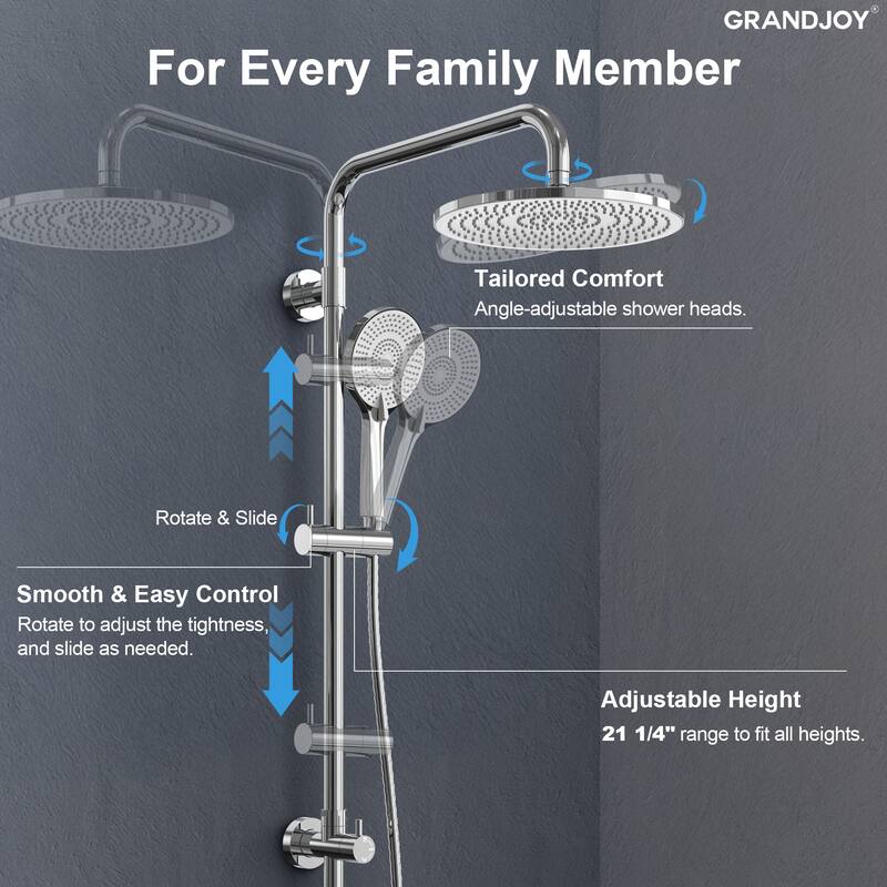 GRANDJOY 10" Round Rainfall Shower System Handheld Showerhead with Adjustable Bar