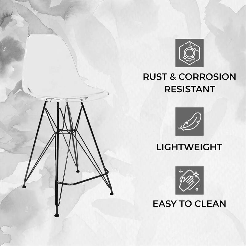 Cresco Acrylic Barstool in Brushed Black Steel Base with Ergonomic Seat, Footrest, & Floor Pads for Kitchen or Home Bar Set of 2