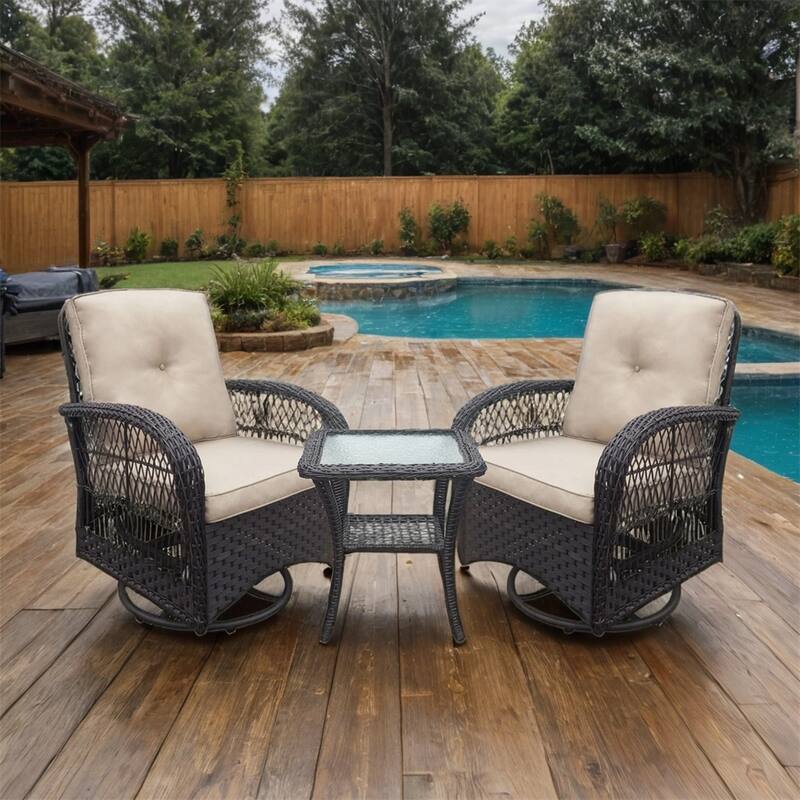 360-Degree Patio Wicker Swivel Rocker Chairs Set,w/Cushions and Table