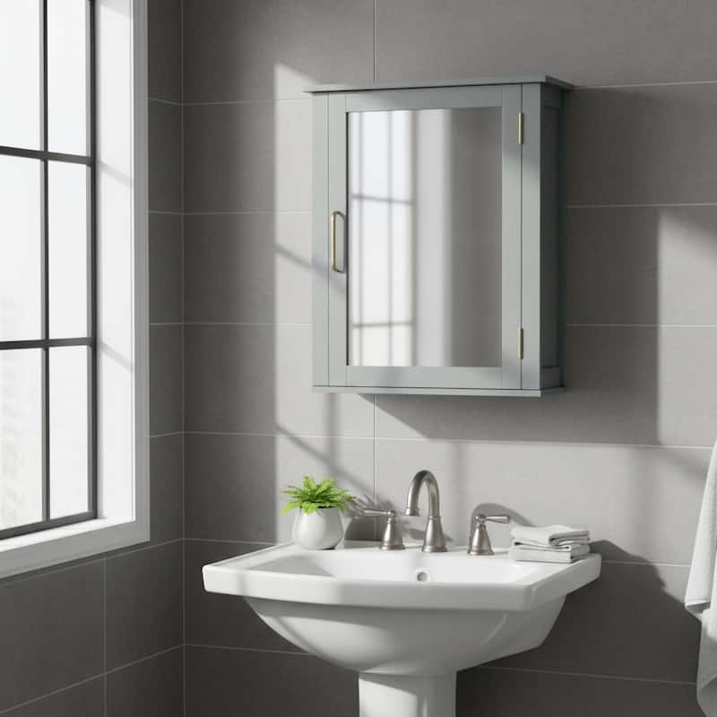 Teamson Home Mercer Gray Mid-Century Modern Medicine Cabinet, Mirrored Door, Adjustable Shelf, Removable Wall Storage