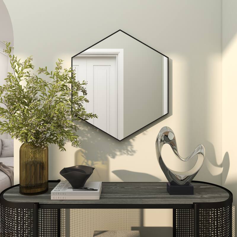 Contemporary Hexagon Wood Wall Mirror - Multiple Finishes and Sizes