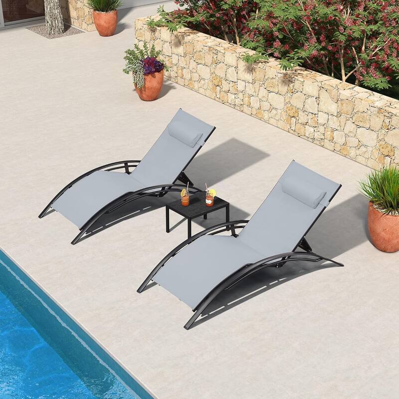 PURPLE LEAF Patio Chaise Lounge Set Outdoor Beach Pool Sunbathing Lawn Lounger Recliner Chair Side Table Included - Oversize(Light Grey)