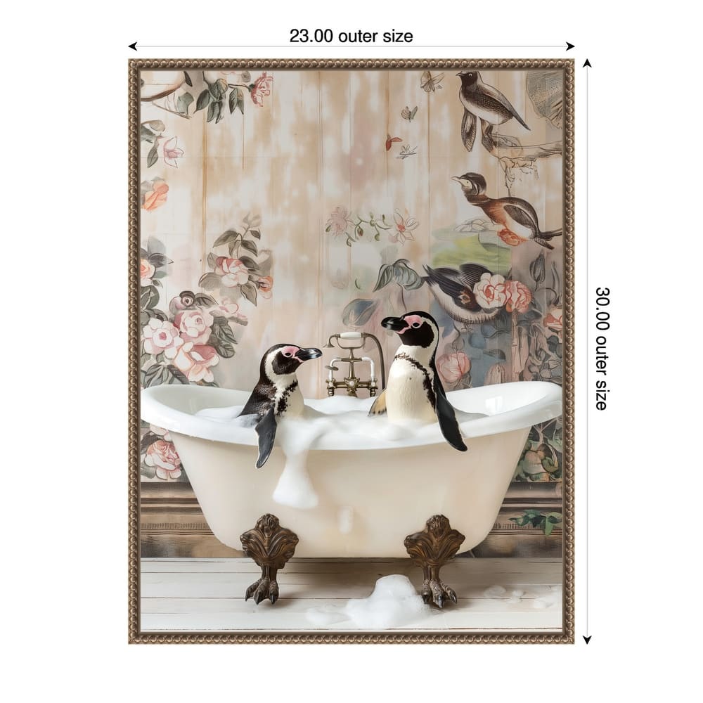 Penguin Pals in a Bubble Bath by Niky Rahner Framed Canvas Wall Art
