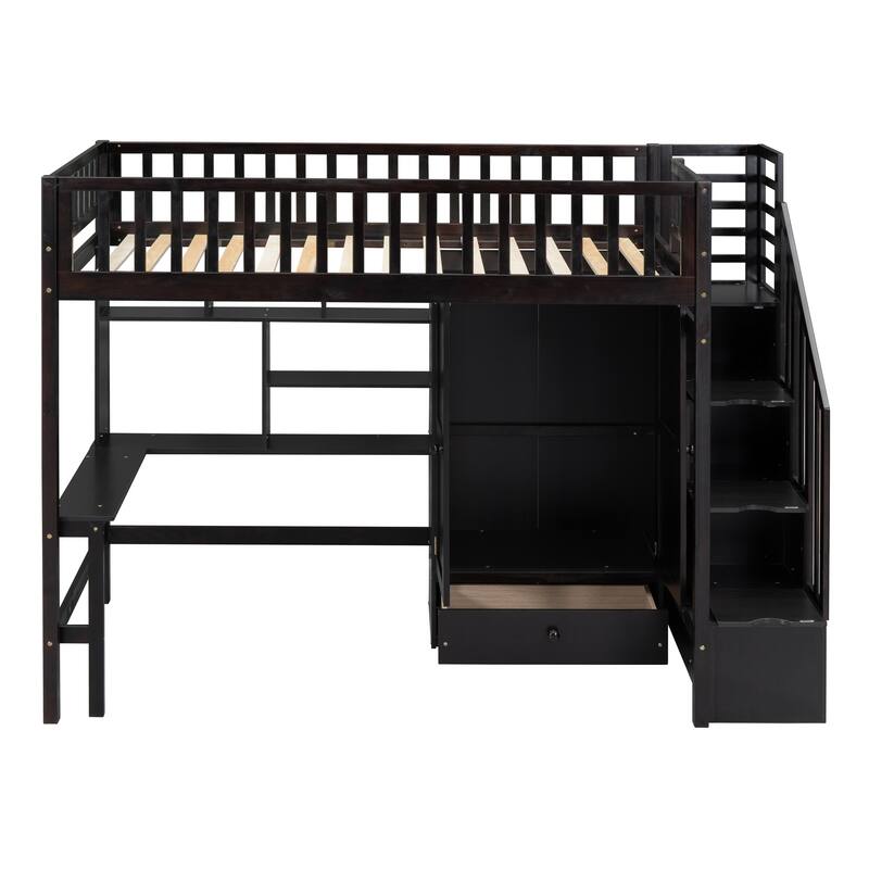 Twin Size Loft Bed with Built-in Desk and Wardrobe, Solid Wood Stairway Loftbed Frame with Bookshelf & Drawers for Kids/Bedroom