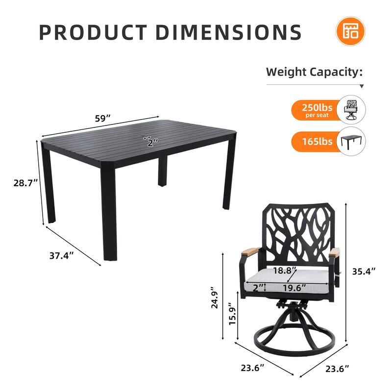 7-PC Outdoor Patio Aluminum Furniture Set, Modern Dining Set with 6 Swivel Rockers Sunbrella Fabric Cushioned, Nature-In