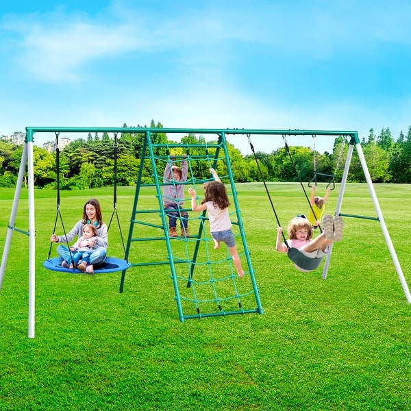 slide 2 of 7, 600lbs Swing Sets for Backyard, 5 in 1 Outdoor Playset with Saucer Swing