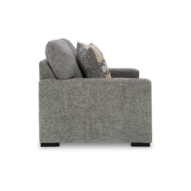 Mord Loveseat, 71 Inch Soft Light Gray Polyester, 2 Throw Pillows