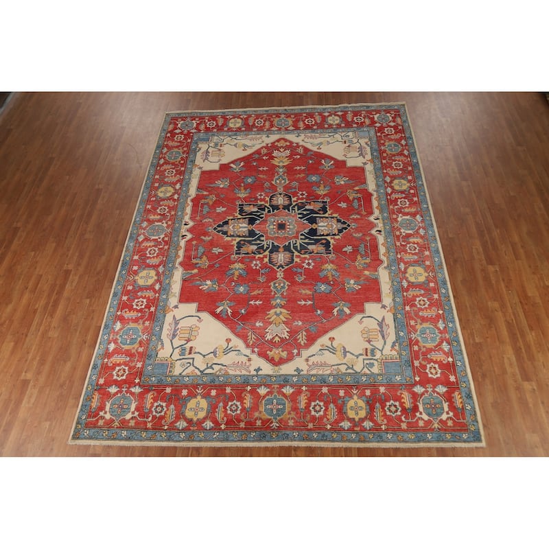 Vegetable Dye Heriz Oriental Rug Hand-Knotted Traditional Wool Carpet - 9'1" x 12'0"