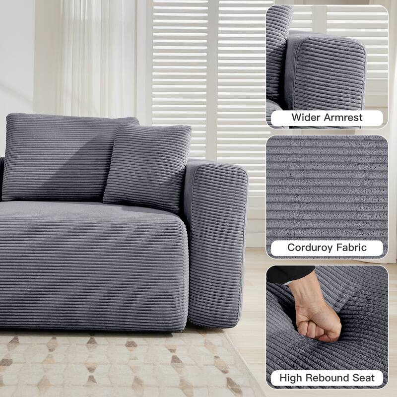 Corduroy Sectional Modular Sofa with Square Arms & Ottoman Extension for Flexible Arrangements