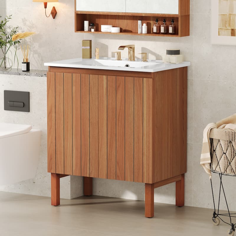 30 Inch Bathroom Vanity with Ceramic Sink,Bathroom Vanity Cabinet with Free-Handle Design Doors
