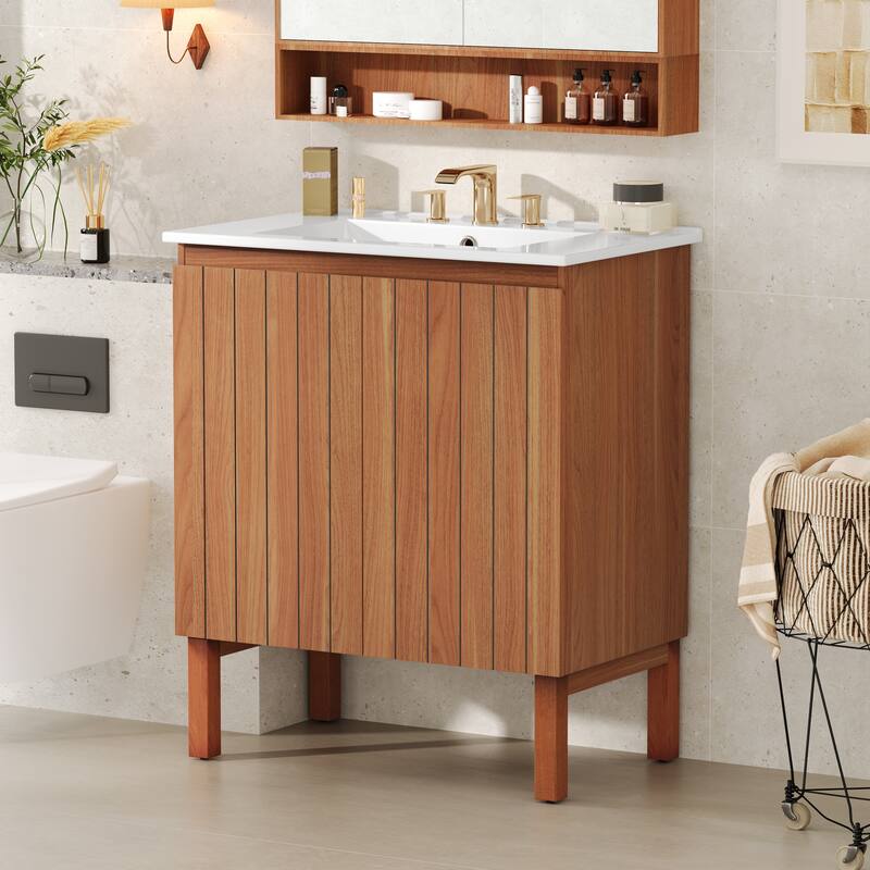 Roomfitters 30" Modern Bathroom Vanity with Ceramic Sink, Minimalist Cabinet with Vertical Stripe Design, Antique Natural