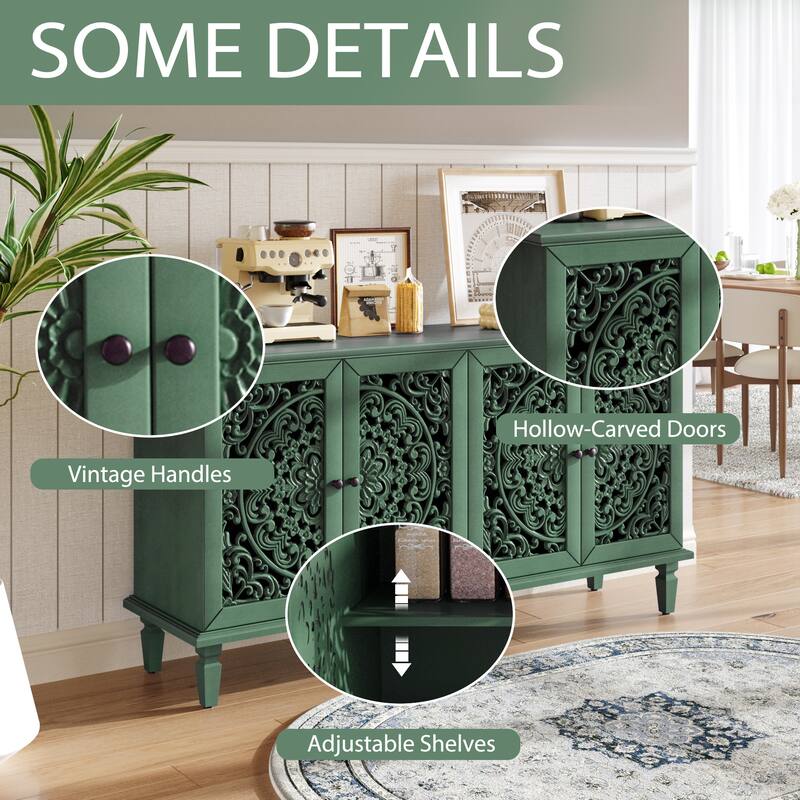 Roomfitters 60" Antique Buffet Cabinet, Floral Carved 4-Door Sideboard with Solid Wood Legs & Brass Handles