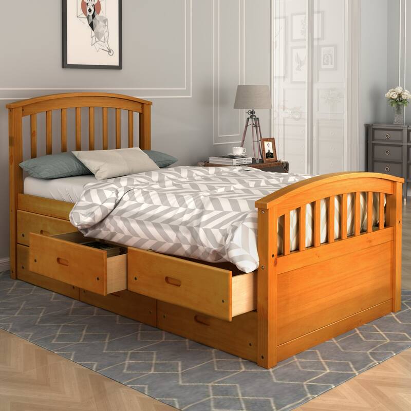 Twin Size Platform Captains Storage Bed Solid Wood Daybed with 6 Drawers Bookcase Bed Low Profile Bed Panel Bed