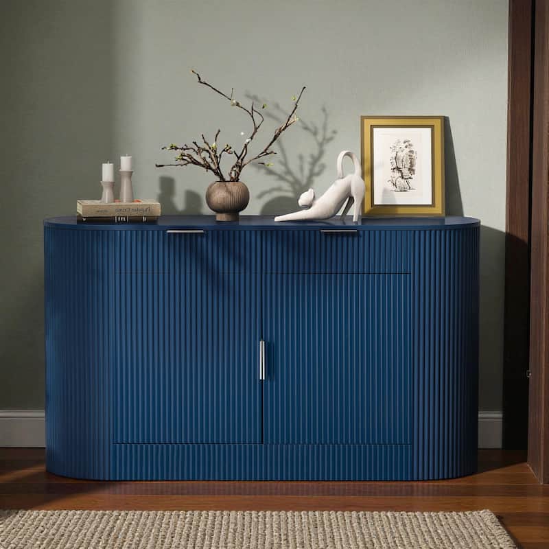 Modern 55.1" Storage Cabinet with Curved Doors, 2 Drawers & Side Shelves, Stripe MDF Buffet Console Table - Blue
