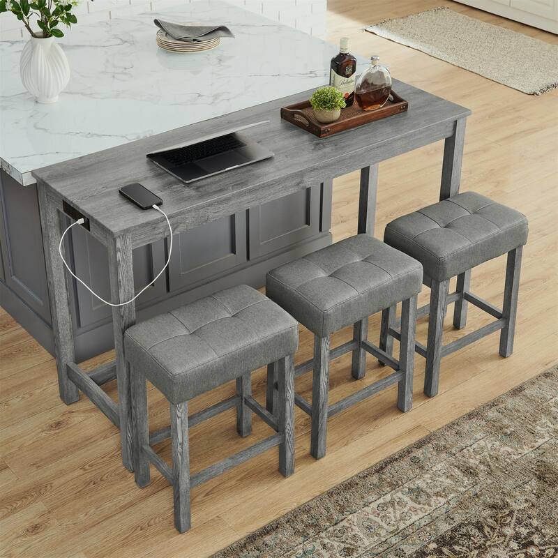 4-Piece Grey Bar Table Set Sofa Side Table Set with Charging Station, Coffee Table Set with Upholstered Seat
