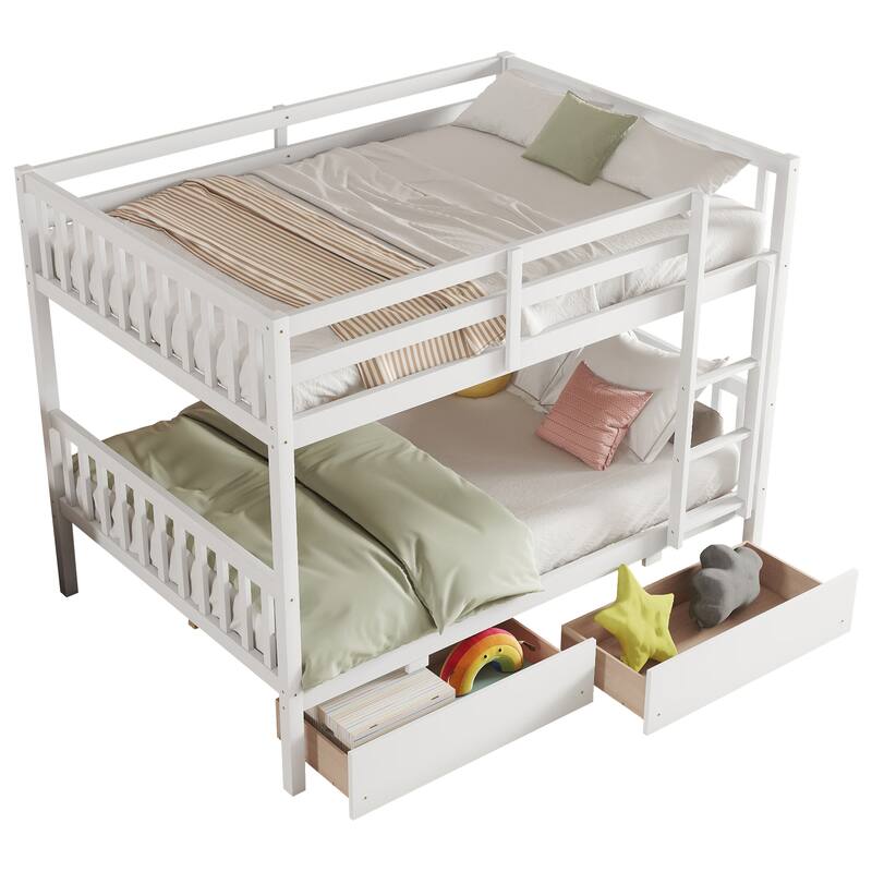 Convertible Full Over Full Rubber Wood Bunk Bed with 2 Drawers, Ladder, and Safety Guardrails, White