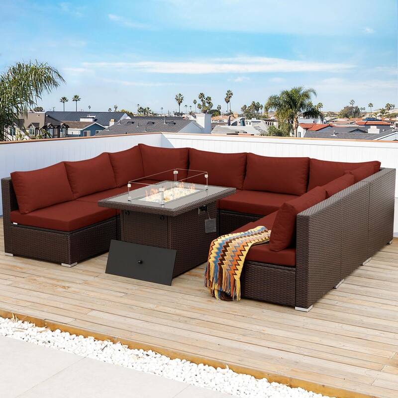 FINCATI Outdoor Wicker Patio Furniture Conversation Sectional Sofa Set - 9 PCS-C - Burgundy