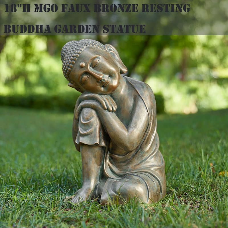 Glitzhome MGO Faux Bronze Buddha Garden Statue Monk Sculpture Indoor Outdoor Decor Gifts