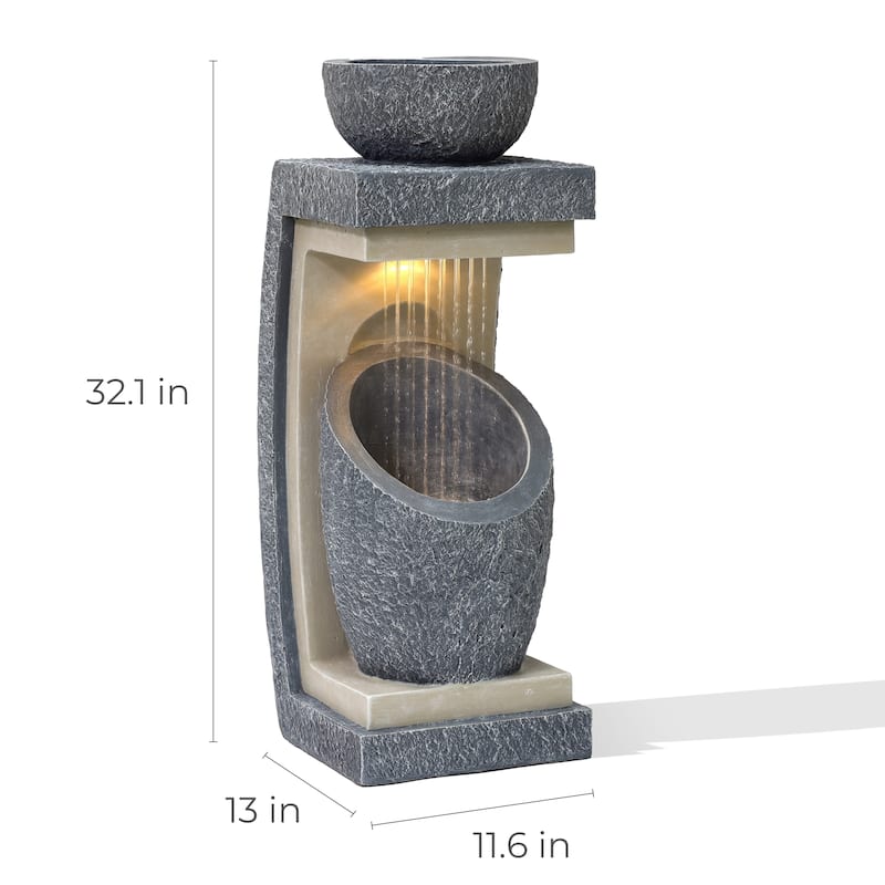 Gray Resin Column and Bowl Sculpture Outdoor Fountain with Lights