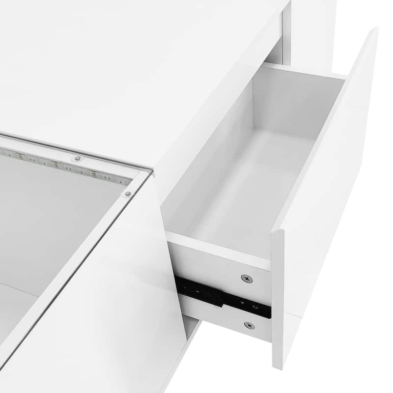 Modern Center Table with High-Gloss Finish and Glass Tabletop, Coffee Table with Open Storage Compartment and 2 Hidden Drawers