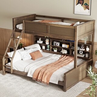 Twin XL over Queen Bunk Bed with Storage Cabinets and USB Ports, Antique Wood Color