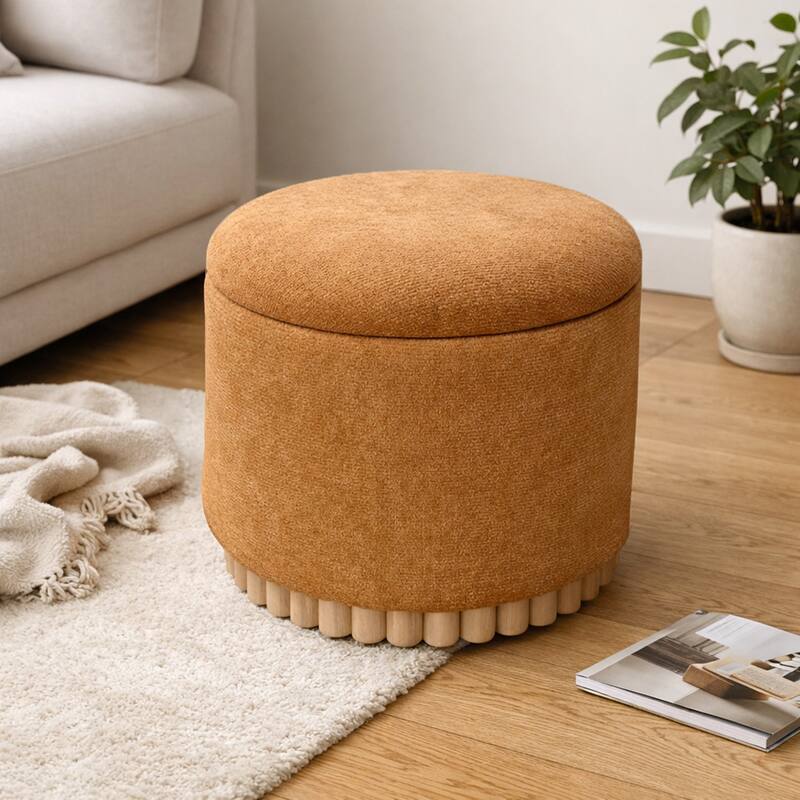 Modern Fabric and Solid Wood Round Storage Ottoman