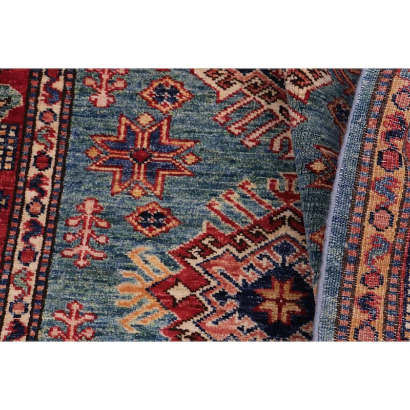 Tribal Super Kazak Sage Green/Red Hand Knotted Wool Rug - 3'0'' x 4'0''