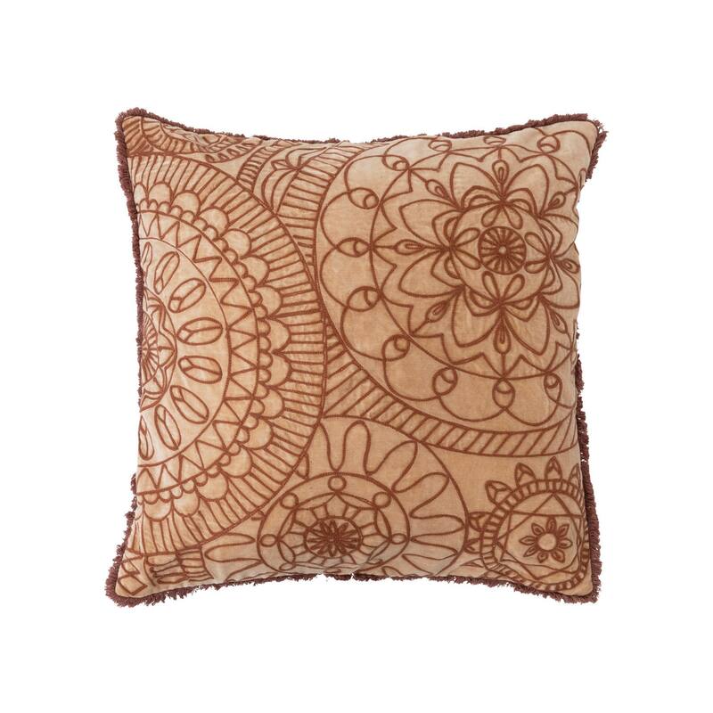 Stonewashed Cotton Velvet Pillow with Embroidery, Chambray Back and Eyelash Fringe