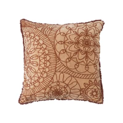 Stonewashed Cotton Velvet Pillow with Embroidery, Chambray Back and Eyelash Fringe