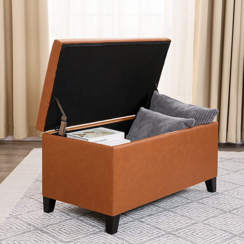Adeco Rectangular Storage Ottoman Faux Leather Bench Lift-top Footrest