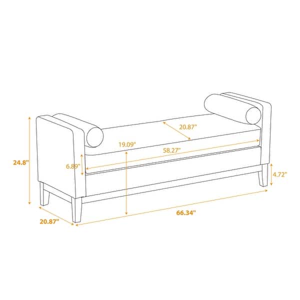66.34"W Elegant Upholstered Bench, Daybed, Ottoman with Wood Legs & 2 Bolster Pillows for End of Bed, Bedroom, Living Room
