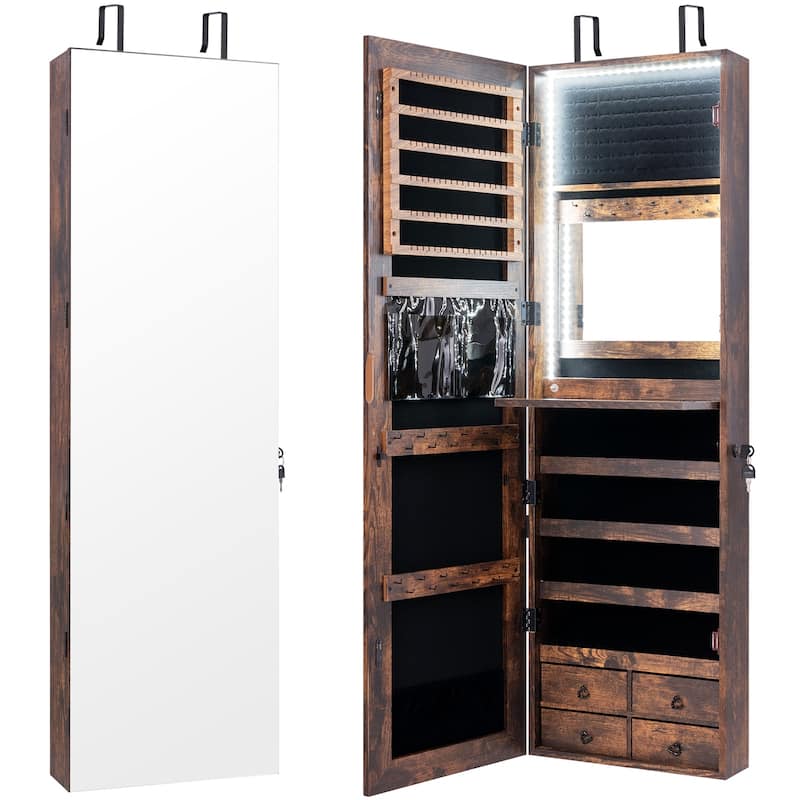 4 Drawers Multipurpose Jewelry Storage Cabinet with LED Light Dropleaf Board and Full-Length Mirror - Rustic-Brown