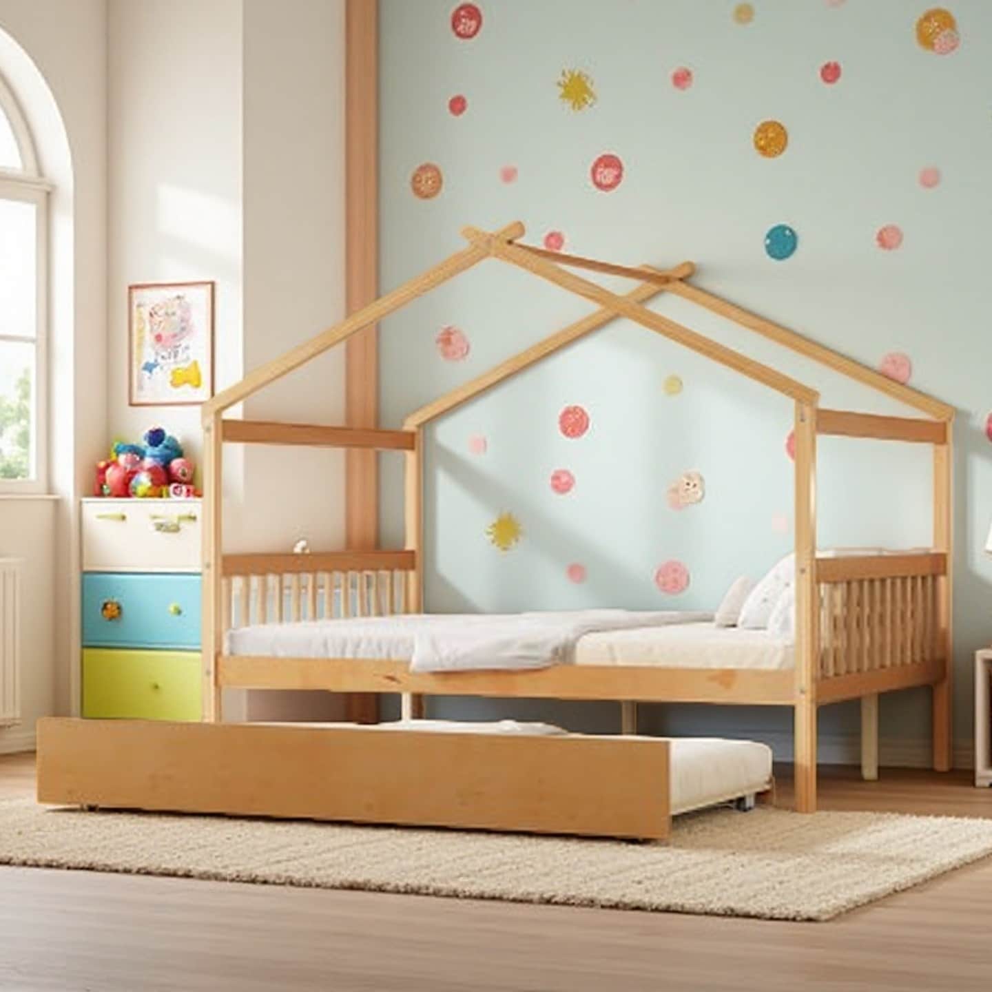Full Size Kids House Bed with Pull-Out Twin Trundle, Solid Pine Frame, Imaginative Roof Design