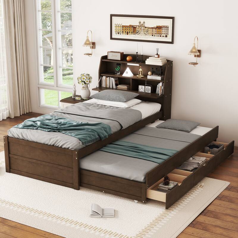 Wood Captain Bed Platform Bed with Trundle and 3 Drawers, Single Bed Frame with Storage Headboard and Integrated LED Light