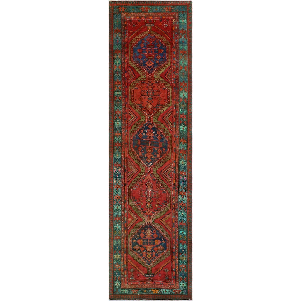Fine Vintage Distressed Henrry Red/Green Runner - 3'4" x 12'4"