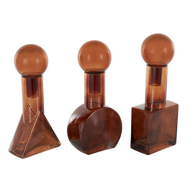 Brown Glas Ombre Geometric Living Room Decorative Jars with Textured Grooves and Round Orb Tops (Set of 3)