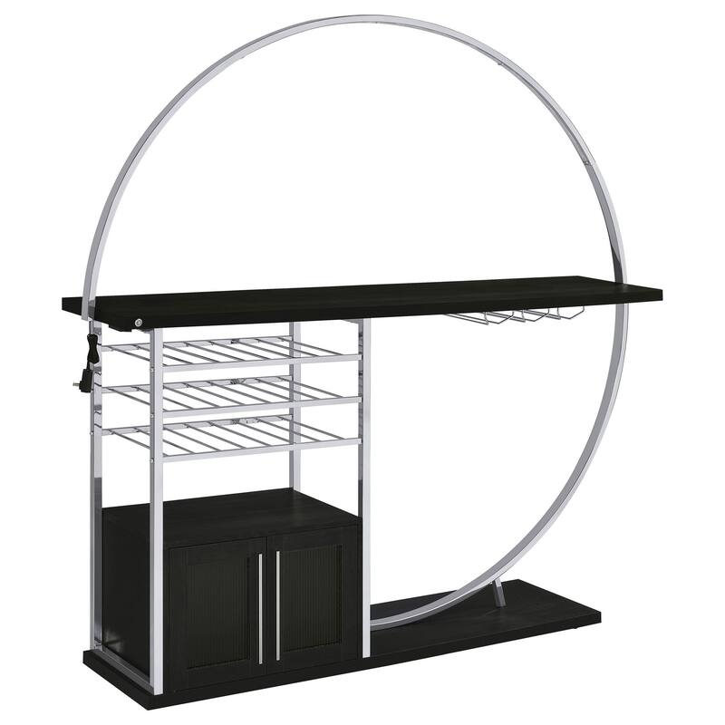Riya Home Bar Table, LED Light, Cabinets, Wine Storage, Black, Chrome Metal