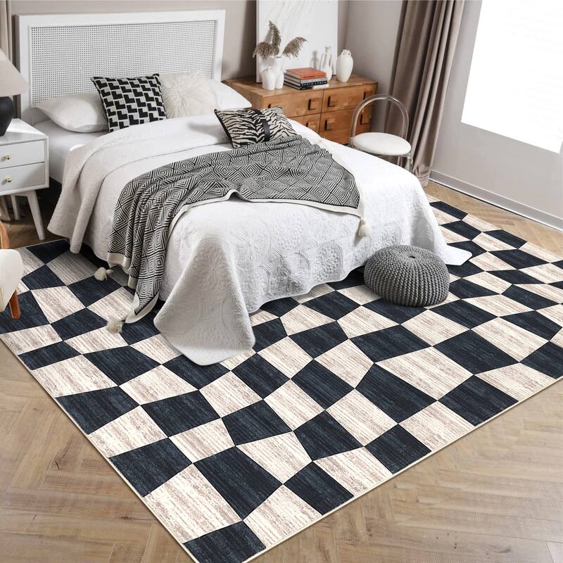 Modern Geometric Checkered Rug Washable Area Rug Low Pile Stain Resistant Throw Rug