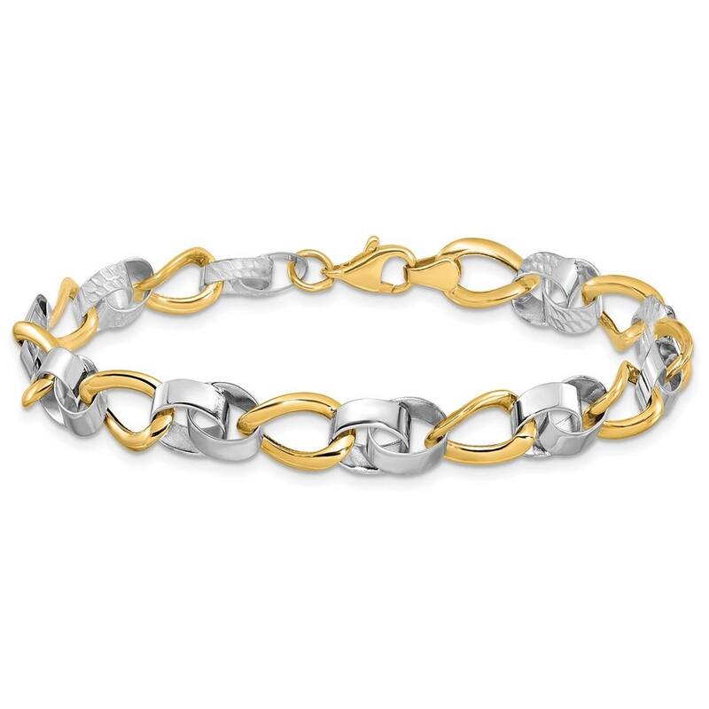 Curata 10k Two Tone Gold 7.5" 7mm Polished and Sparkle Cut Circle and Twist Link Bracelet