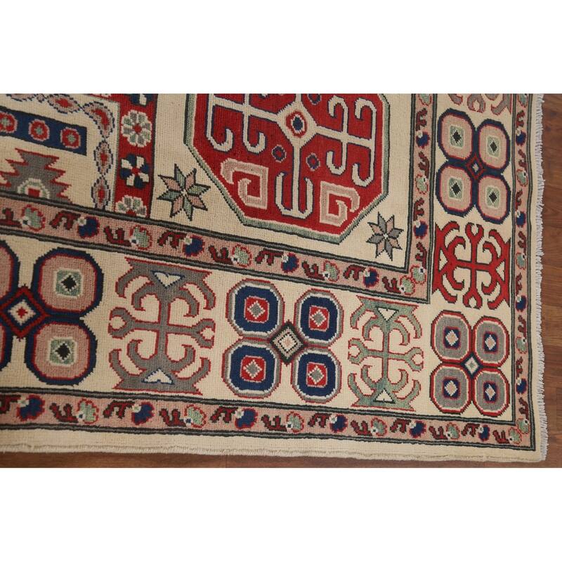 Hand Knotted Oriental 100% Wool Carpet Traditional All-Over Beige & Ivories Kazak Area Rug - 9' 7'' X 6' 6''