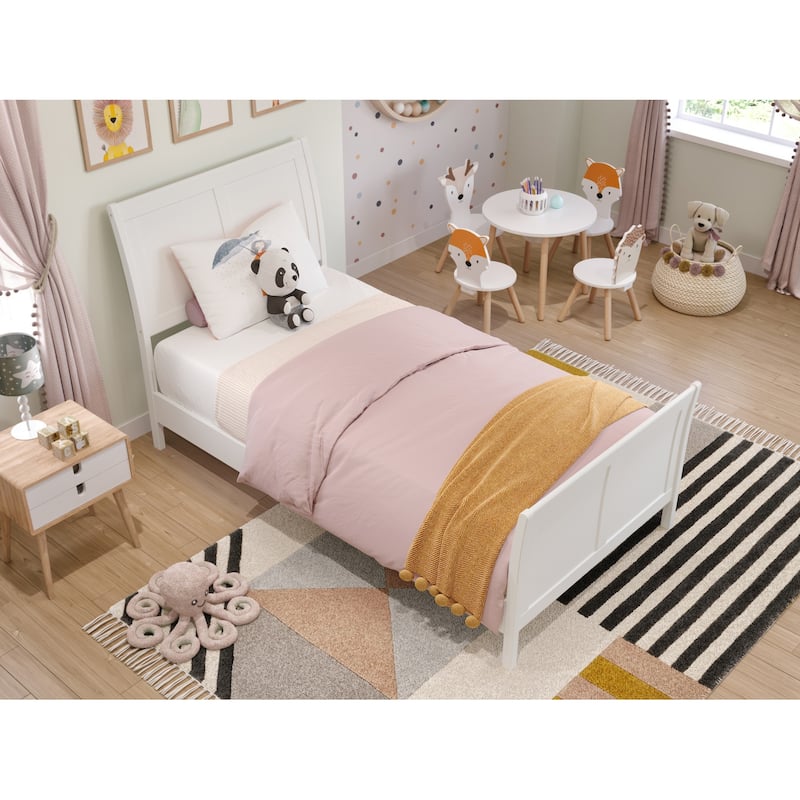 Solid Wood Sleigh Bed Frame Twin Low Profile Platform Bed with Footboard - White Finish