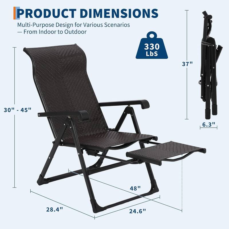 Folding Rattan Chaise Lounge Chair – Portable Outdoor Recliner with Adjustable Foot Rest & Backrest