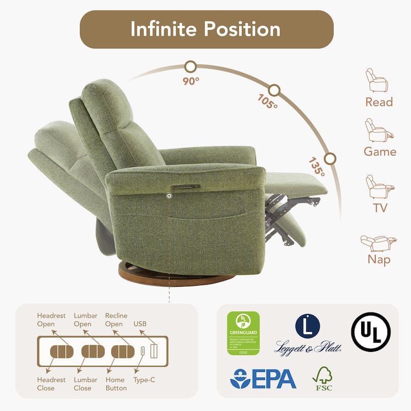 Spruce & Spring Power Swivel Recliner Chair Triple-Motor Nursery Glider