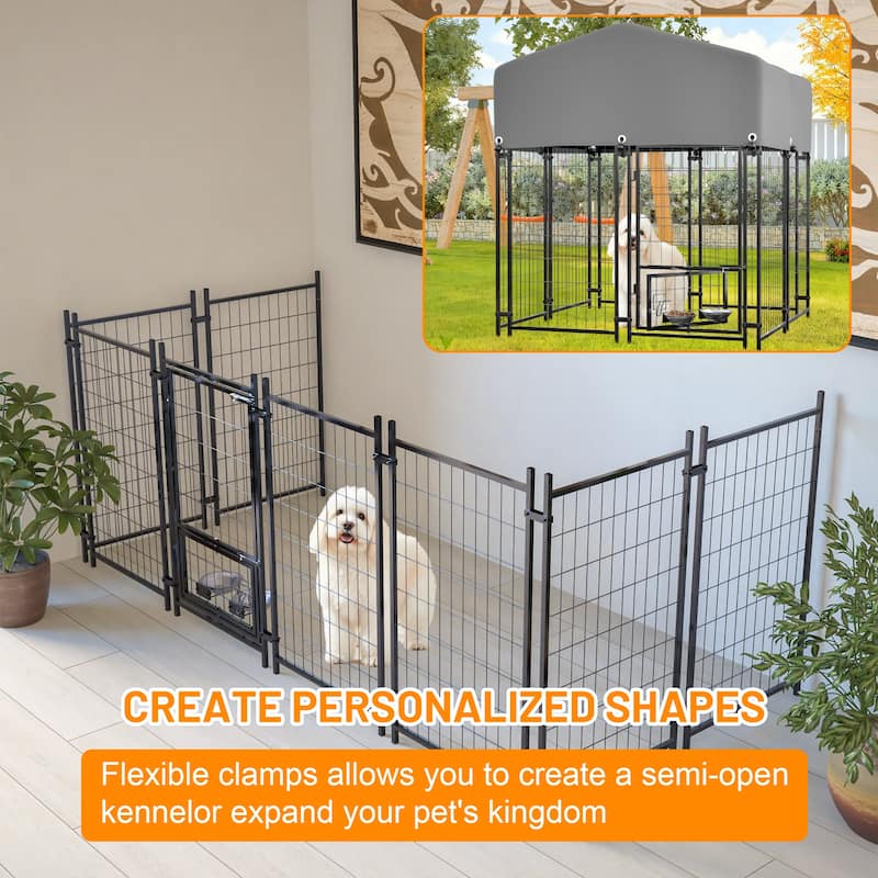 GDFStudio - Large Outdoor Heavy Duty Metal Dog Kennel with Roof, UV-Resistant Waterproof Cover, Double Lock & Rotating Feeder