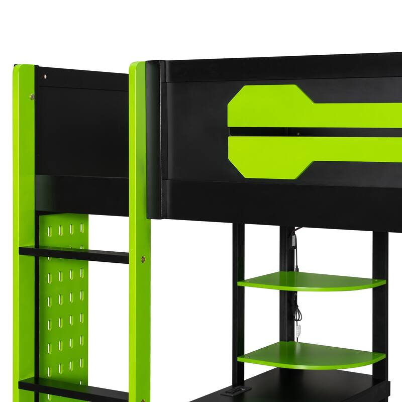 Full Size Wood Loft Bed with Desk, Open Wardrobe and RGB Light