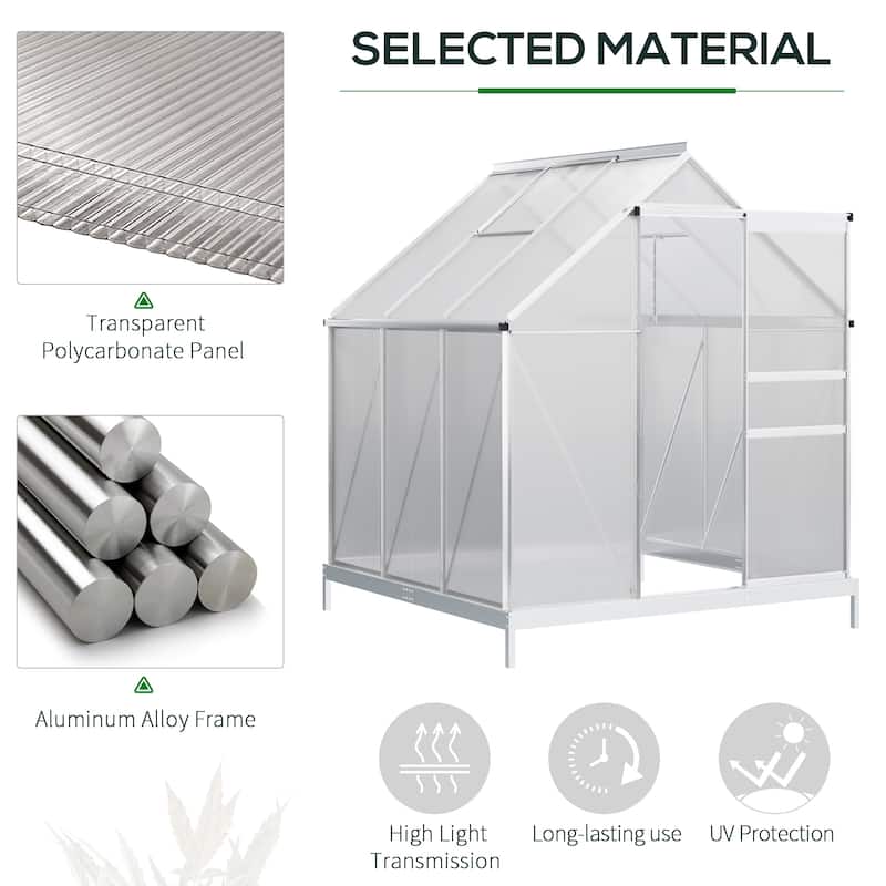 Outsunny Aluminum Greenhouse Polycarbonate Walk-in Garden Greenhouse Kit with Adjustable Roof Vent, Rain Gutter and Sliding Door