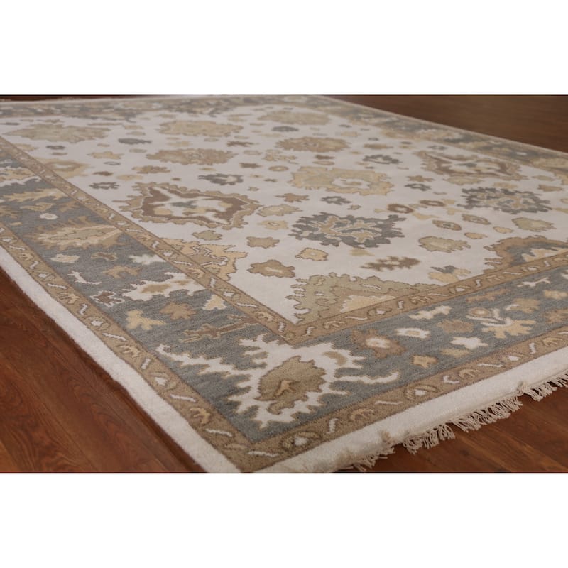 Ivory Oushak Indian Area Rug Hand-Knotted Transitional Wool Carpet - 8'0" x 9'11" - Ivory/Beige - 8'0" x 9'11"