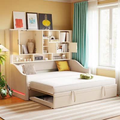 Convertible Twin Daybed with LED Armrests, Storage Shelving & Pop-Up Trundle by Harper&Bright Designs