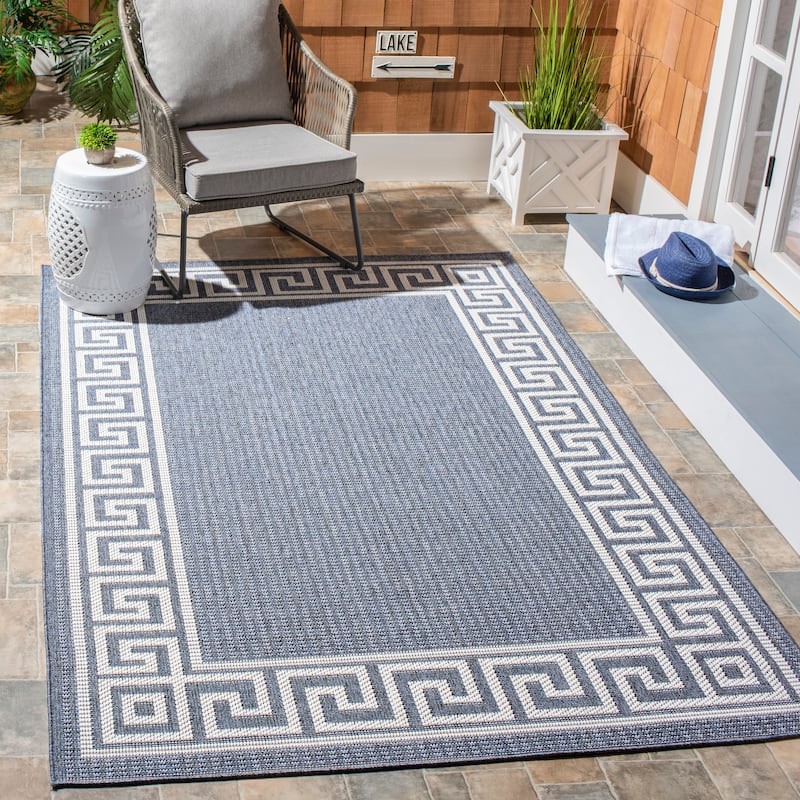 SAFAVIEH Bermuda Washable Floresha Indoor/ Outdoor Waterproof Rug - 6'7" x 9'2" - Dark Blue/Ivory